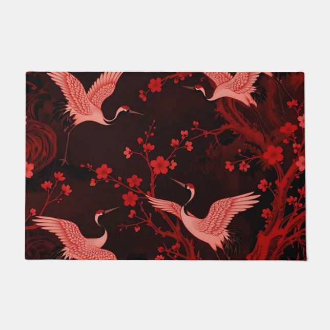 Red Crane Cherry Blossom Chinoiserie Pattern Doormat (Front)