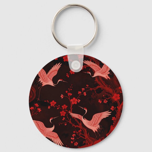 Red Crane Cherry Blossom Chinoiserie Pattern Key Ring (Front)