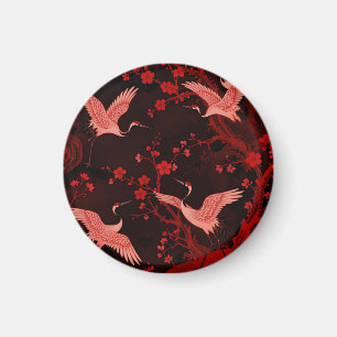 Red Crane Cherry Blossom Chinoiserie Pattern Magnet