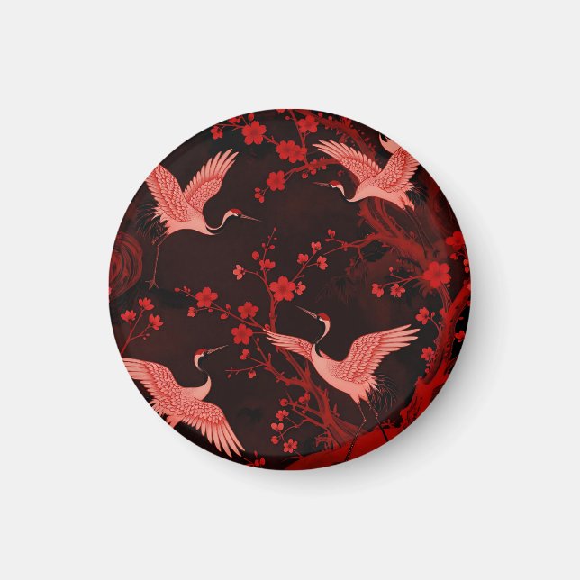 Red Crane Cherry Blossom Chinoiserie Pattern Magnet (Front)