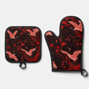 Red Crane Cherry Blossom Chinoiserie Pattern Oven Mitt & Pot Holder Set