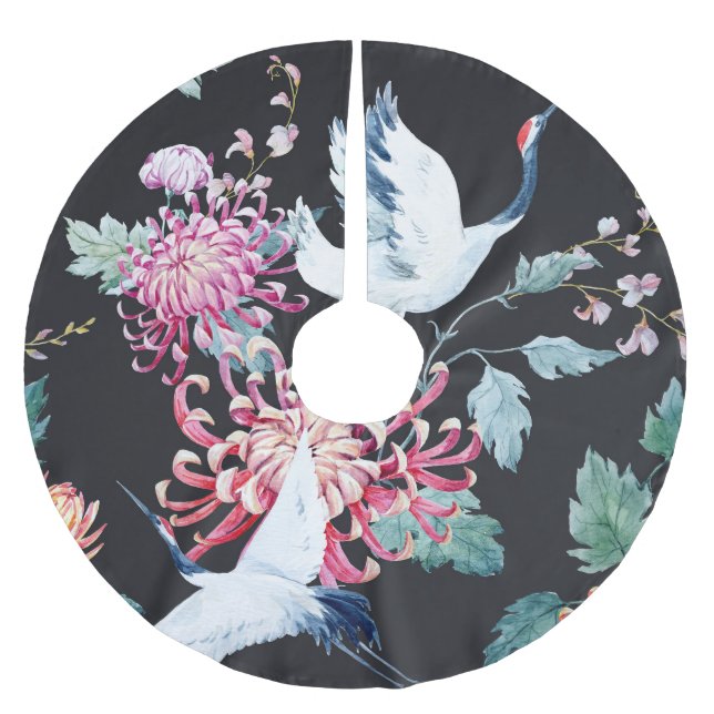 Red Crane Chrysanthemum Watercolor Pattern Brushed Polyester Tree Skirt (Front)