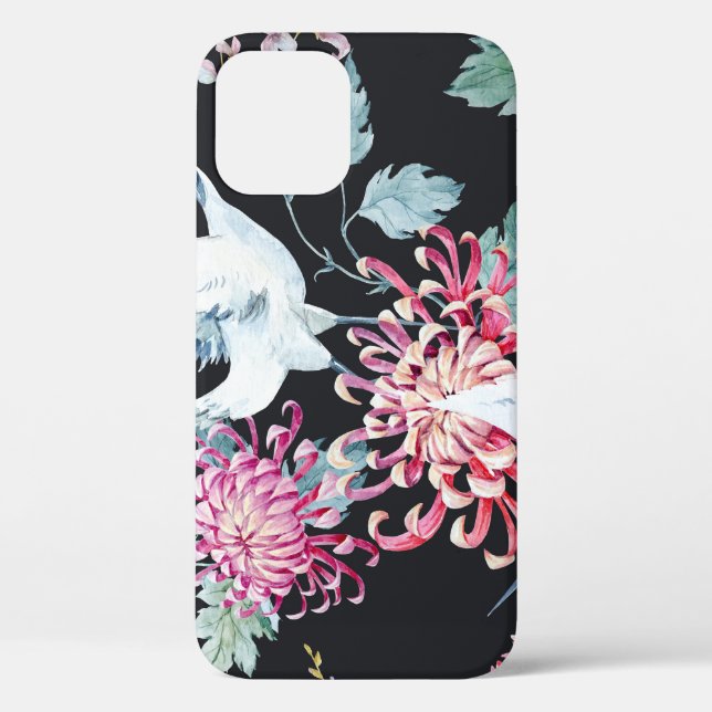 Red Crane Chrysanthemum Watercolor Pattern Case-Mate iPhone Case (Back)