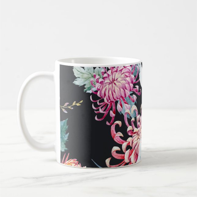 Red Crane Chrysanthemum Watercolor Pattern Coffee Mug (Left)