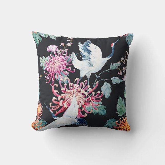 Red Crane Chrysanthemum Watercolor Pattern Cushion (Front)