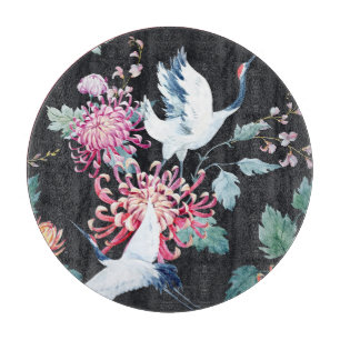 Red Crane Chrysanthemum Watercolor Pattern Cutting Board