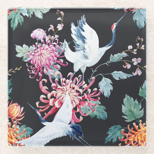 Red Crane Chrysanthemum Watercolor Pattern Glass Coaster (Front)