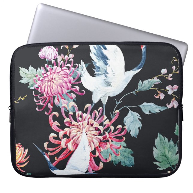 Red Crane Chrysanthemum Watercolor Pattern Laptop Sleeve (Front)