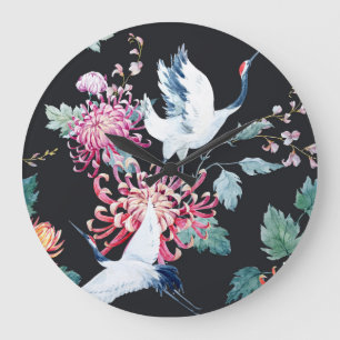 Red Crane Chrysanthemum Watercolor Pattern Large Clock