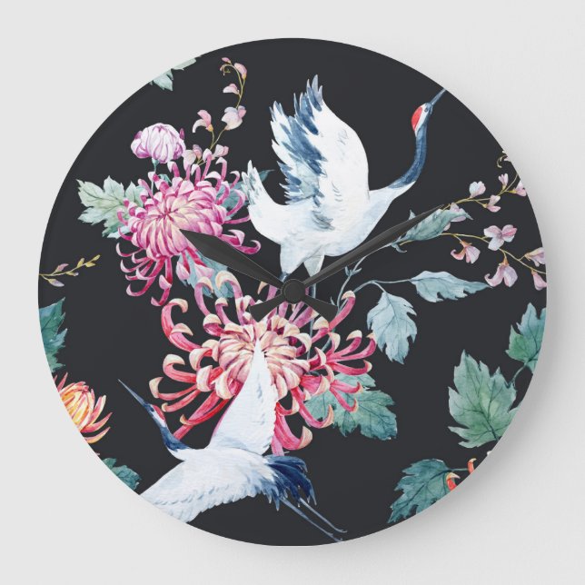 Red Crane Chrysanthemum Watercolor Pattern Large Clock (Front)