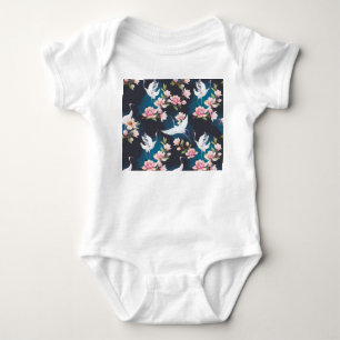 Red Crane Magnolia: Japanese Watercolor. Baby Bodysuit