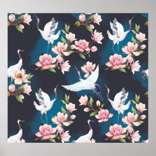 Red Crane Magnolia: Japanese Watercolor. Poster