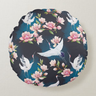 Red Crane Magnolia: Japanese Watercolor. Round Cushion