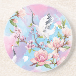 Red Crane Watercolor Japanese Motif Coaster
