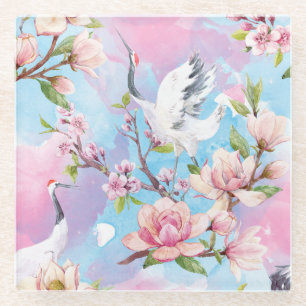 Red Crane Watercolor Japanese Motif Glass Coaster