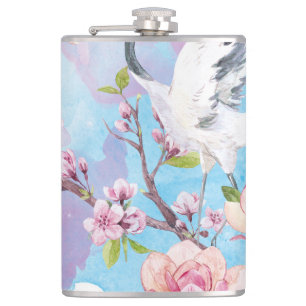 Red Crane Watercolor Japanese Motif Hip Flask