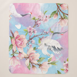 Red Crane Watercolor Japanese Motif Sherpa Blanket