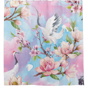 Red Crane Watercolor Japanese Motif Shower Curtain