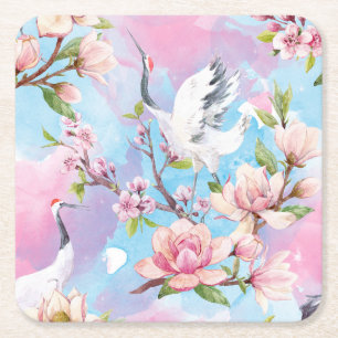 Red Crane Watercolor Japanese Motif Square Paper Coaster