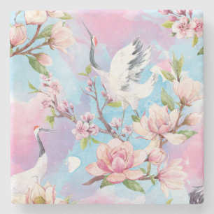 Red Crane Watercolor Japanese Motif Stone Coaster