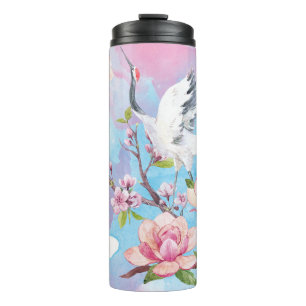 Red Crane Watercolor Japanese Motif Thermal Tumbler
