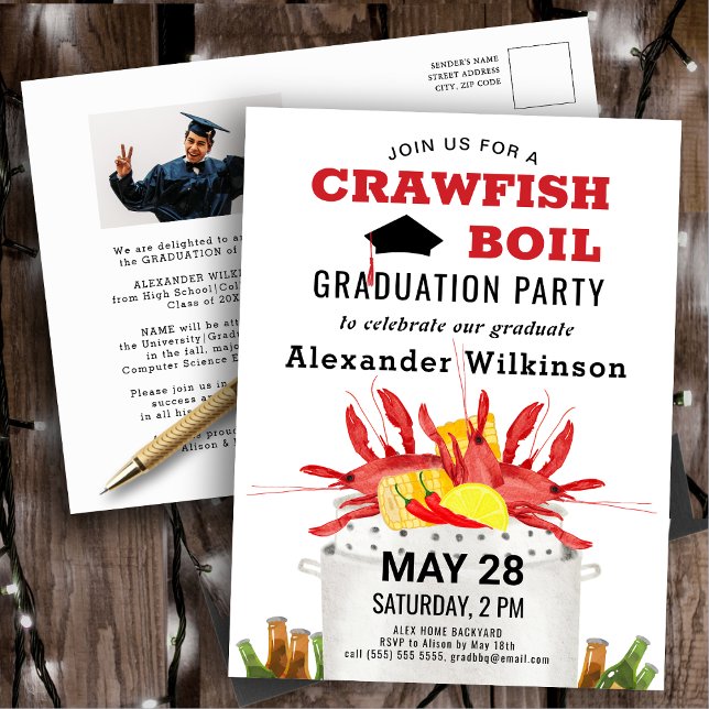 Red Crawfish Boil GRAD Photo Party Invitation Postcard (Creator Uploaded)