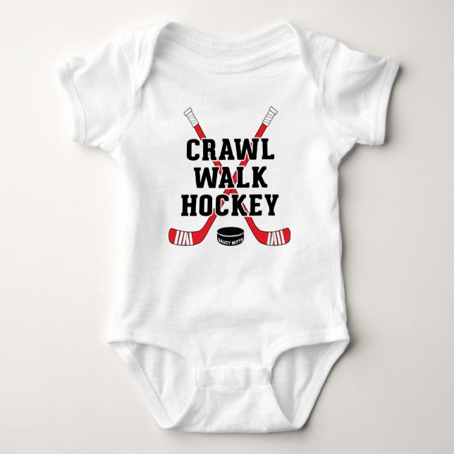 Red Crawl Walk Hockey Sticks and Puck Cute Infant Baby Bodysuit (Front)