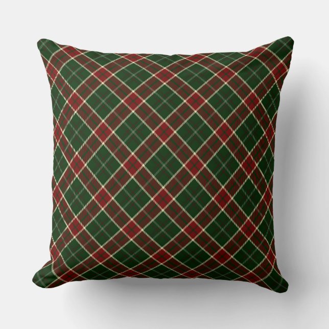 Red, Cream and Green Christmas Plaid Pattern Cushion (Front)