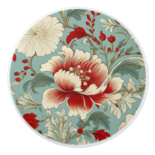 Red, Cream and Green Floral Chinoiserie Ceramic Knob