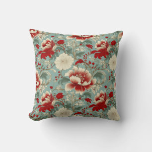 Red, Cream and Green Floral Chinoiserie Cushion