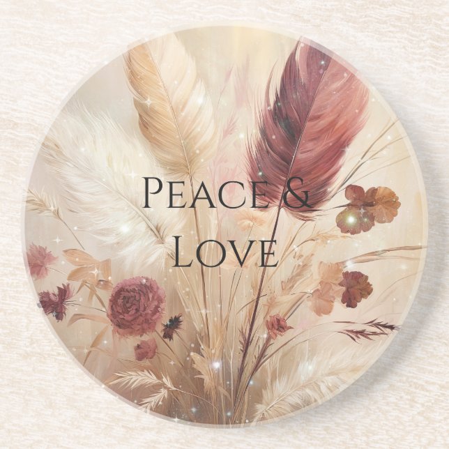 Red Cream Boho Feather Floral Coaster (Front)