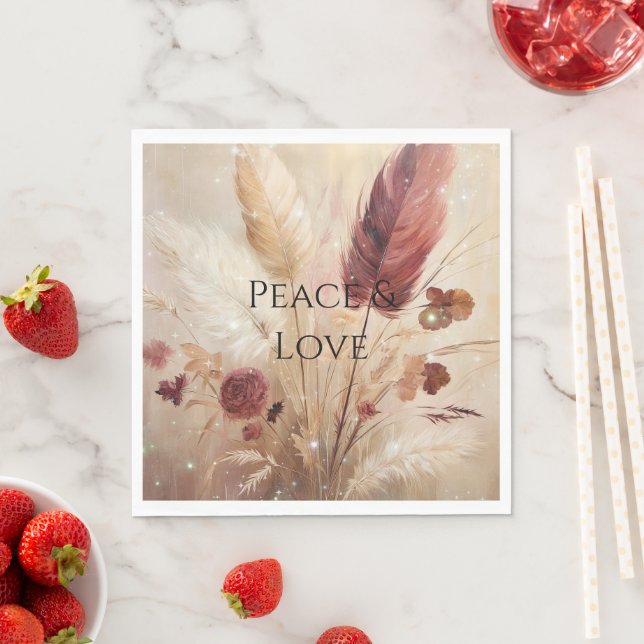 Red Cream Boho Feather Floral Napkin (Insitu)