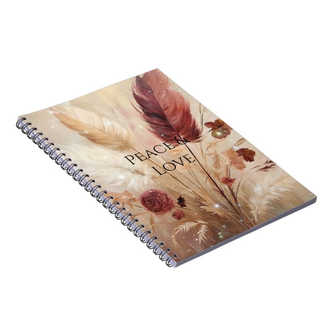 Red Cream Boho Feather Floral Notebook (Right Side)