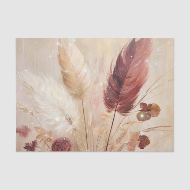 Red Cream Boho Feather Floral Tissue Paper (Front)