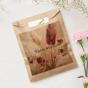 Red Cream Boho Feathers Floral Wedding Favour Bag