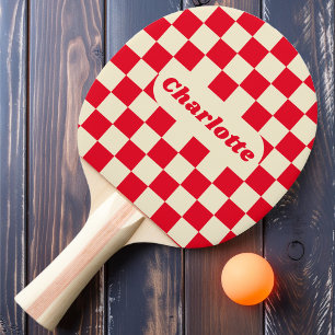 Red & Cream Chequered with Name Ping Pong Paddle
