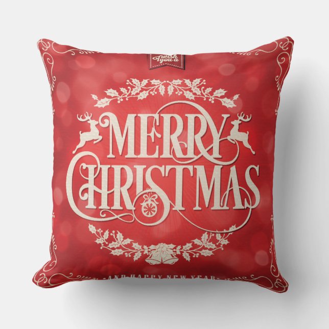 Red & Cream Christmas & New Year Greeting Cushion (Front)