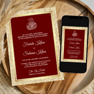 Red Cream Damask Islamic Muslim Wedding Invitation