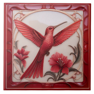 Red & cream faux relief Art Nouveau Hummingbird R Ceramic Tile