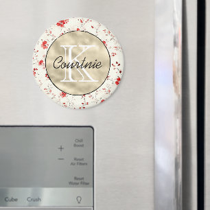 Red Cream Floral Gold Monogram Magnet