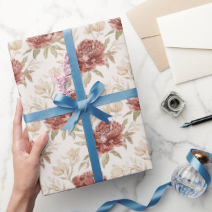 Red Cream Flowers Bridal Shower Wrapping Paper