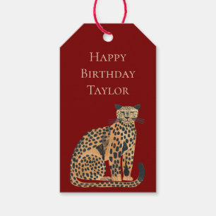 Red Cream Gold Leopard Animal Birthday Gift Tags