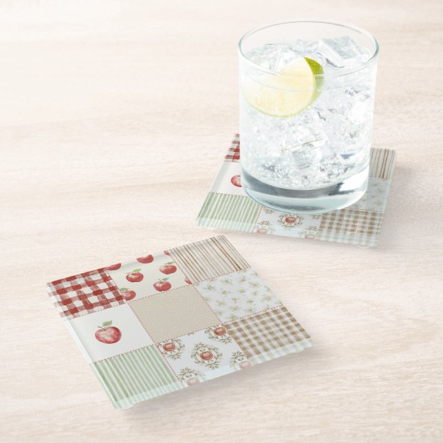 Red Cream Green Apples Glass Coaster (Angled)