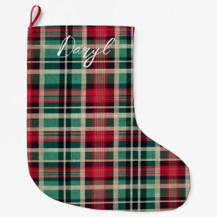 Red Cream Green Plaid Stripes Large Christmas Stocking