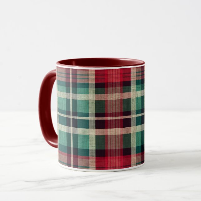 Red Cream Green Plaid Stripes Mug (Front Left)