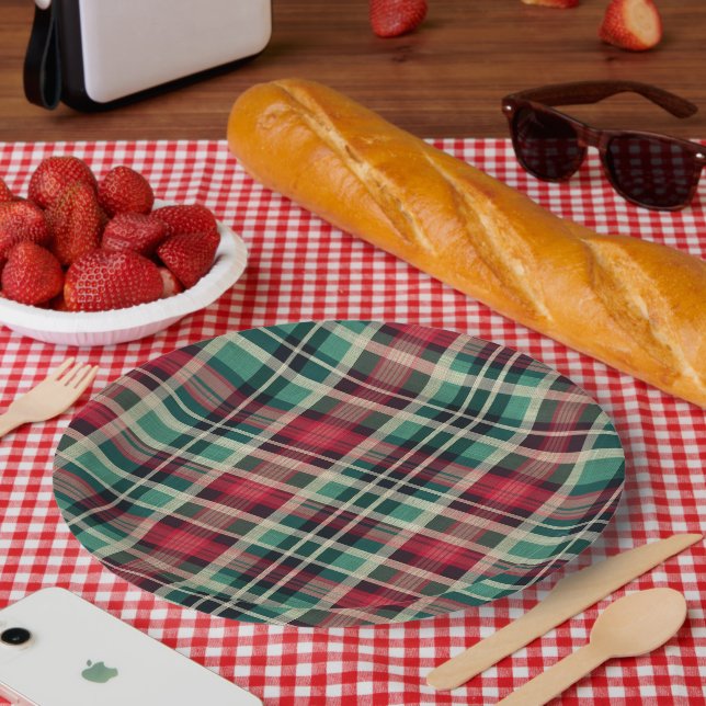 Red Cream Green Plaid Stripes Paper Plate (Picnic)