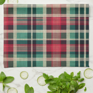 Red Cream Green Plaid Stripes Tea Towel