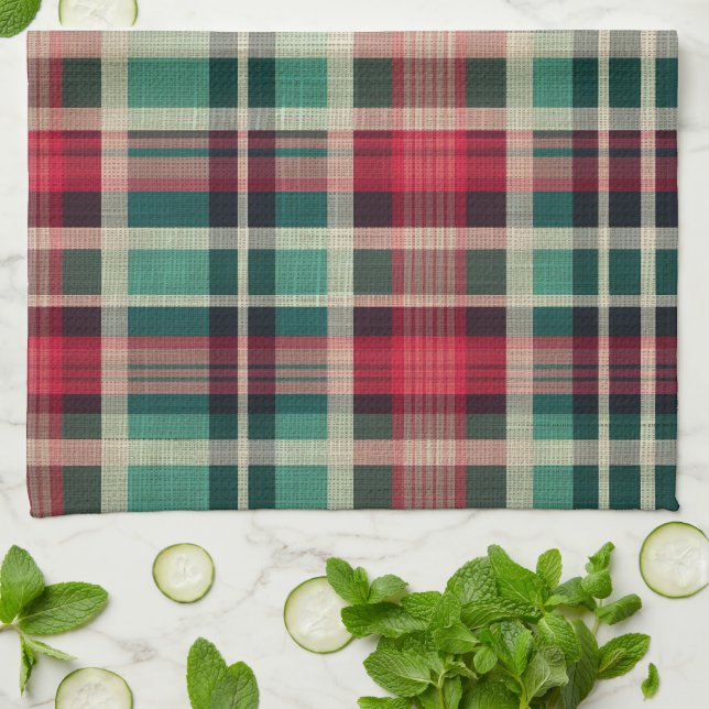 Red Cream Green Plaid Stripes Tea Towel (Folded)