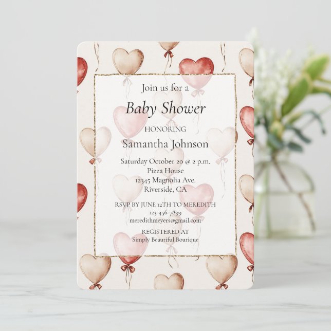 Red Cream Heart Balloons Baby Shower Invitation (Standing Front)