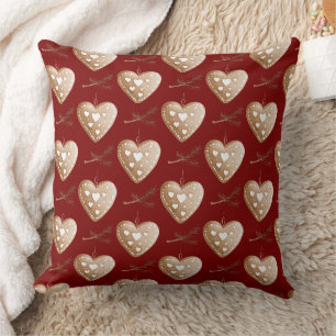 Red Cream Heart Gingerbread Cookie Christmas Cushion